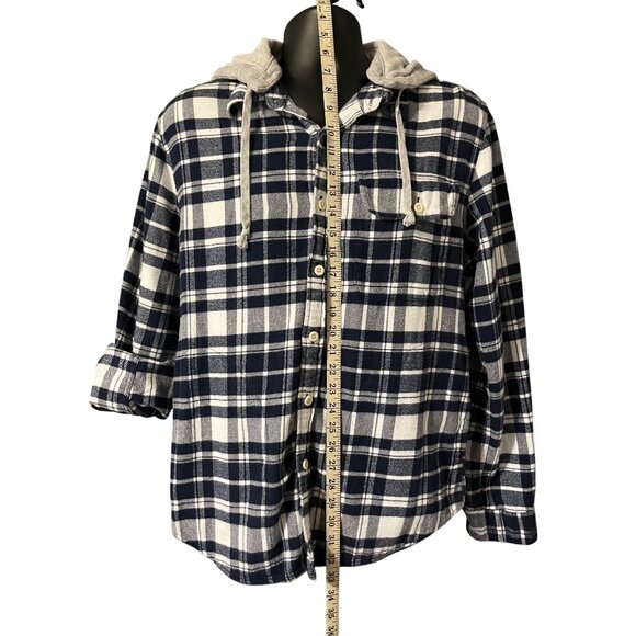 American Eagle Super Soft Hooded Flannel Shirt Dark Blue Plaid L - Picture 2 of 4